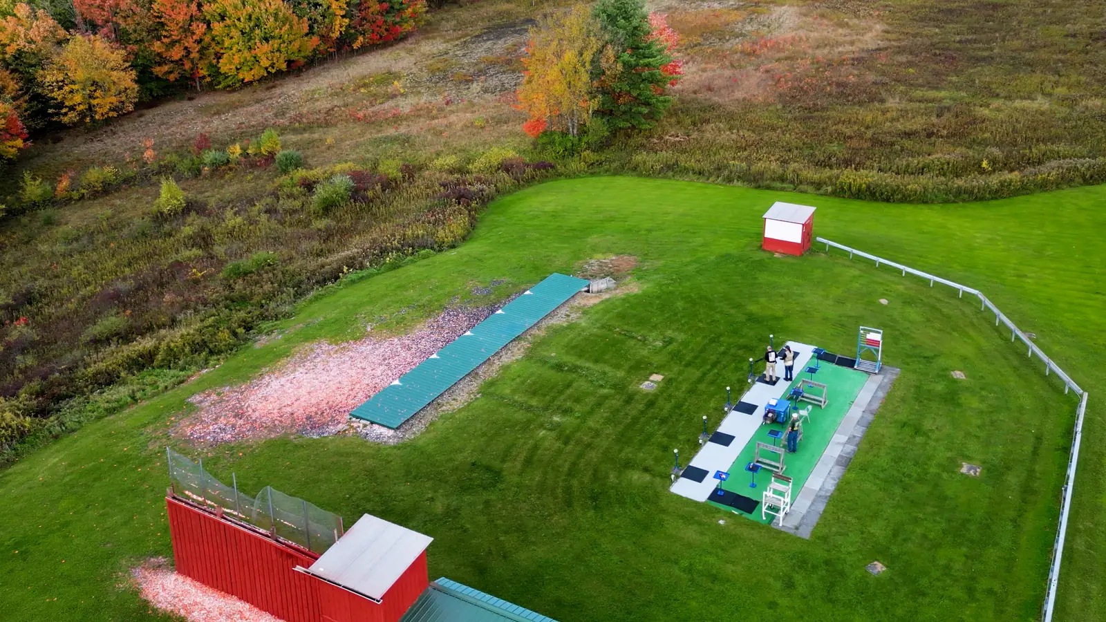 Aerial view of the Olympic bunker trap field with the bunker in front of the shooting stations